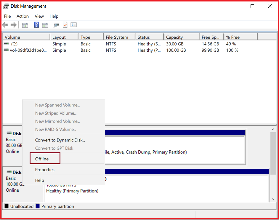 Picture showing setting the drive as offline